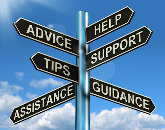 Signpost pointing to advice, tips, assistance, help, support & guidance. 
